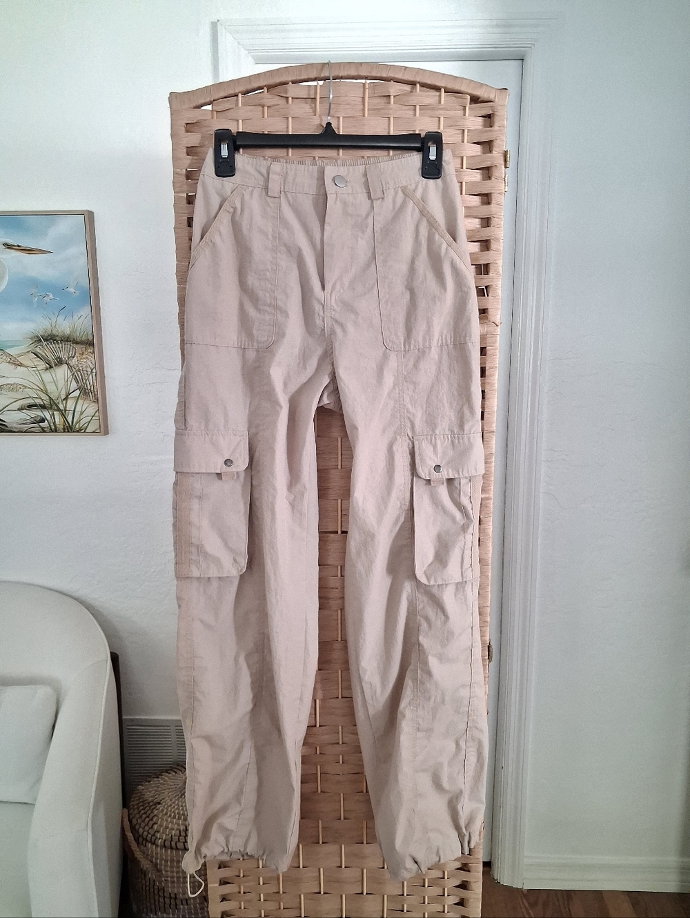 Womens Cargo Jogger Pants Beige Lightweight Utility Small
